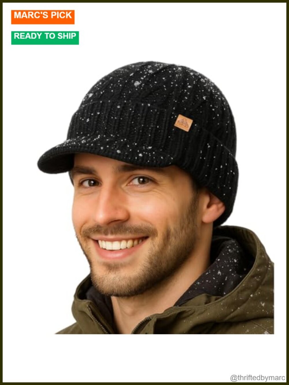 Waterproof Merino Wool Beanie Hat with Brim Visor Cap Warm Winter Knit